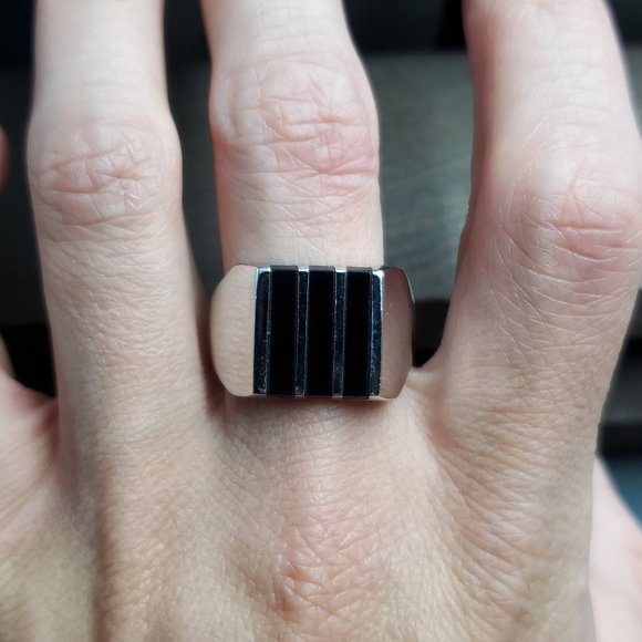 Size 12.5 Silver Tone Triple Black Inlay Signet Style Ring - Picture 1 of 6